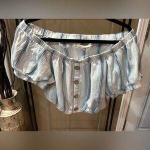 Ocean Drive white and blue striped off-the-shoulder crop top with wooden buttons
